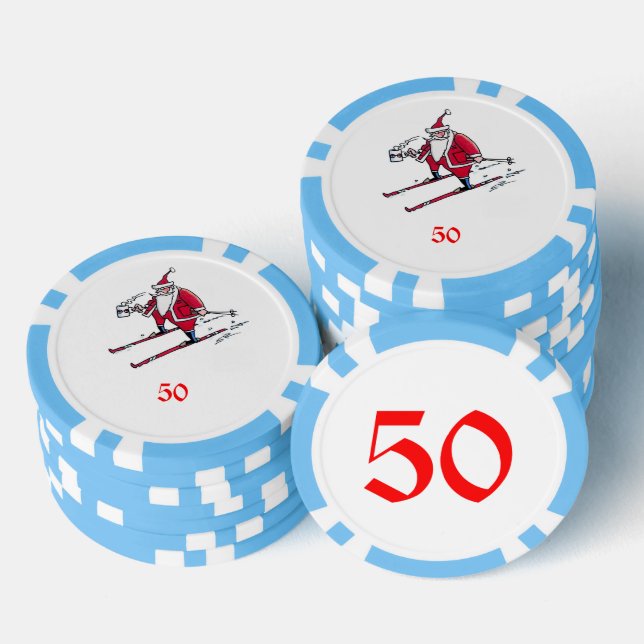 Santa Skiing hellblau 50 gestreifter Poker Chip (Stapel)