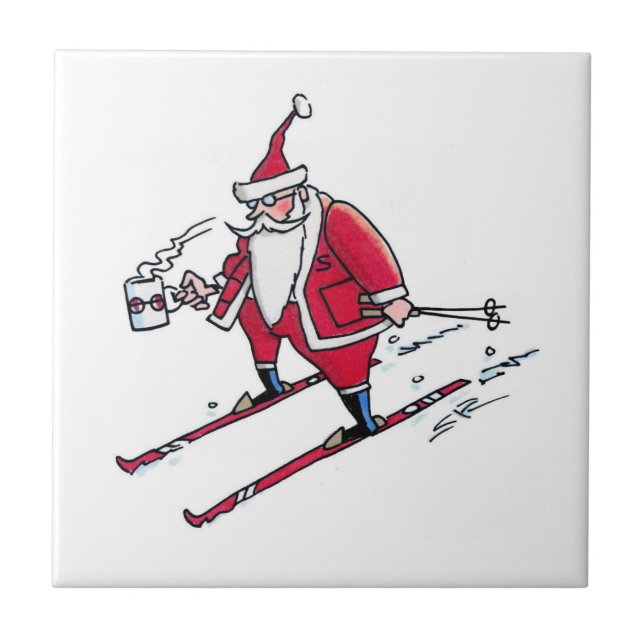 Santa Skiing kleine Keramik Fliesen (Vorderseite)