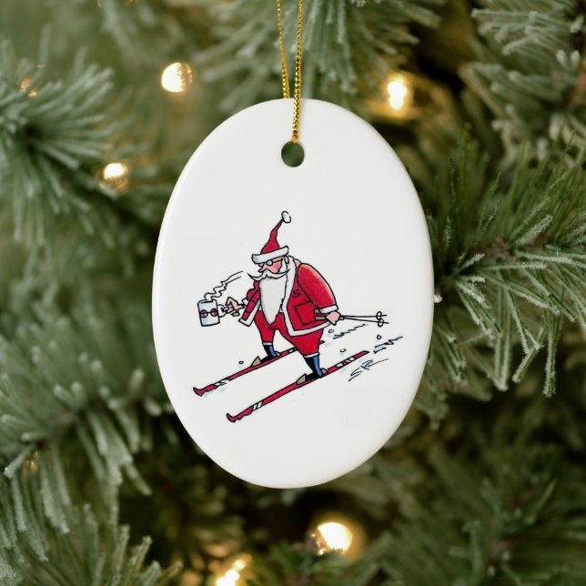 Santa Skiing oval ceramic ornament (Baum)