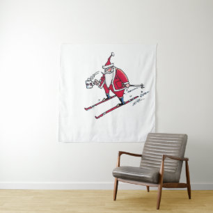 Santa-Skiing-Wandteppich Wandteppich