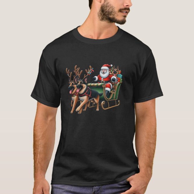 Santa Sleigh German Shepherd Reindeer Christmas Wo T-Shirt (Vorderseite)