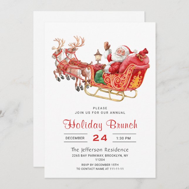 Santa Sleigh Holiday Brunch Weihnachtsfest Party Einladung (Vorne/Hinten)