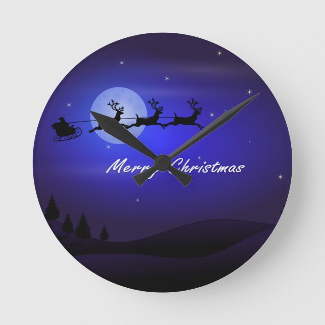 Santa Sleigh Moon Frohe Weihnachten Runde Wanduhr (Vorderseite)