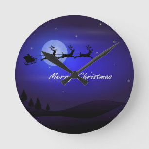 Santa Sleigh Moon Frohe Weihnachten Runde Wanduhr