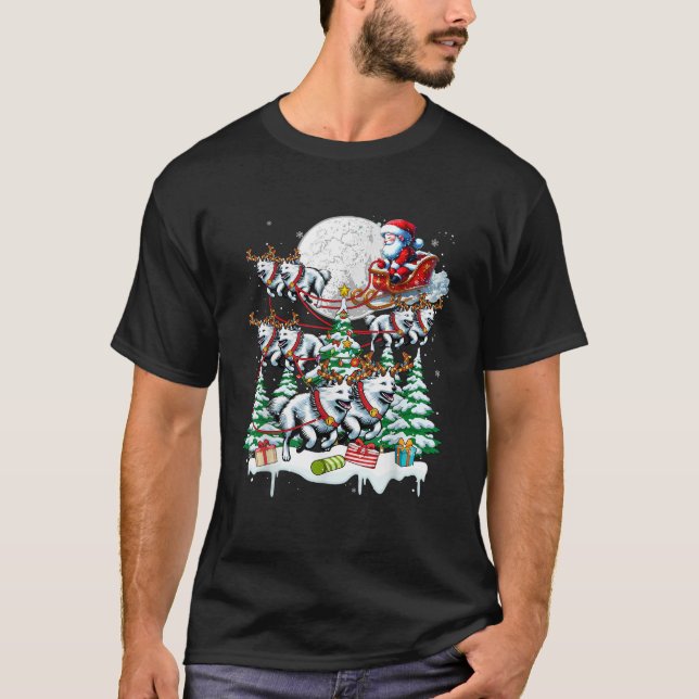 Santa Sleigh Reindeer Elf American Eskimo Dogs Xma T-Shirt (Vorderseite)