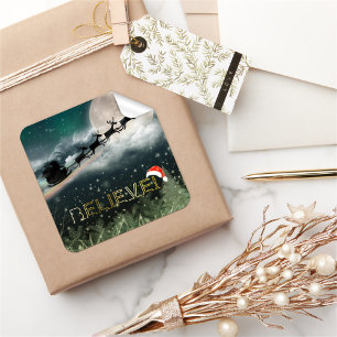 Santa Sleigh Reindeer Weihnachtssticker Quadratischer Aufkleber