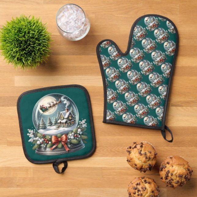 Santa Sleigh Reiten im Snow Globe Wonderland Ofenhandschuh & Topflappen-Set (Oben Unten)