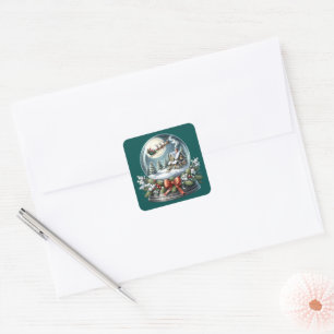 Santa Sleigh Reiten im Snow Globe Wonderland Quadratischer Aufkleber