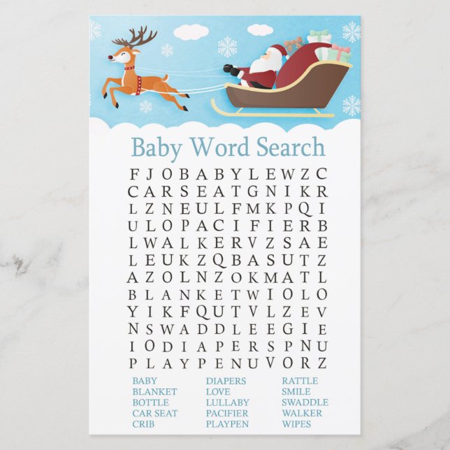 Santa Sleigh Rentier Baby Dusche Word Search Game (Vorderseite)