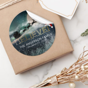 Santa Sleigh Rentier Christmas BELIEVE Weihnachtsm Runder Aufkleber