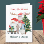 Santa Sleigh und Gnome Gonk Niedliche Personalisie Feiertagskarte<br><div class="desc">Personalisierte Weihnachtskarte für Kinder mit voll editierbarem Schreibtisch,  in skurriler Typografie. Dieses niedliche Design zeigt eine Aquarellbilder des Weihnachtsmanns mit einer Gabe von Geschenken,  einem Gonk-Gnome,  RentierElche und einem dekorierten Weihnachtsbaum. Bitte stöbern Sie in meinem Geschäft,  um Geschenkpackungen,  Tags und Aufkleber zu koordinieren.</div>