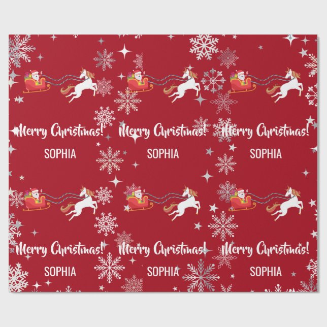 Santa Sleigh Unicorn Snowflakes Personalized Xmas Geschenkpapier (Flach)