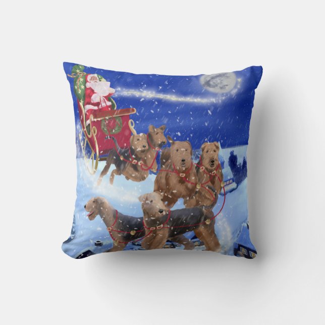 Santa Sleigh von Airedales gezogen werfen Kissen (Vorderseite)