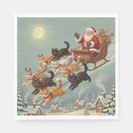 Santa Sleigh with Flying Cats Napkins Serviette