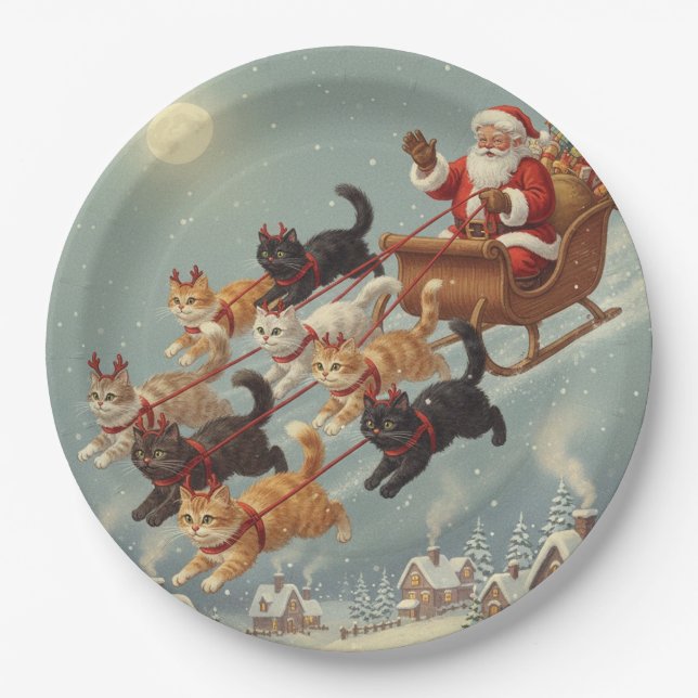 Santa Sleigh with Flying Cats Paper Plates Pappteller (Vorderseite)