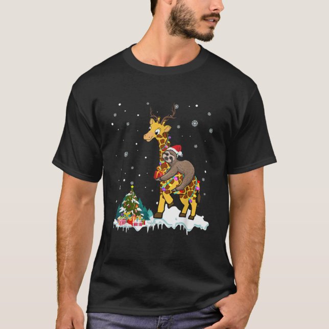 Santa Sloth Riding Giraffe Reindeer Xmas Light Lov T-Shirt (Vorderseite)