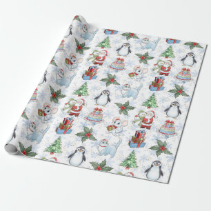 Santa Snowman Cat Penguin Wrapping Paper Geschenkpapier
