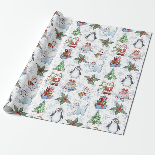 Santa Snowman Cat Penguin Wrapping Paper Geschenkpapier (Ungerollt)