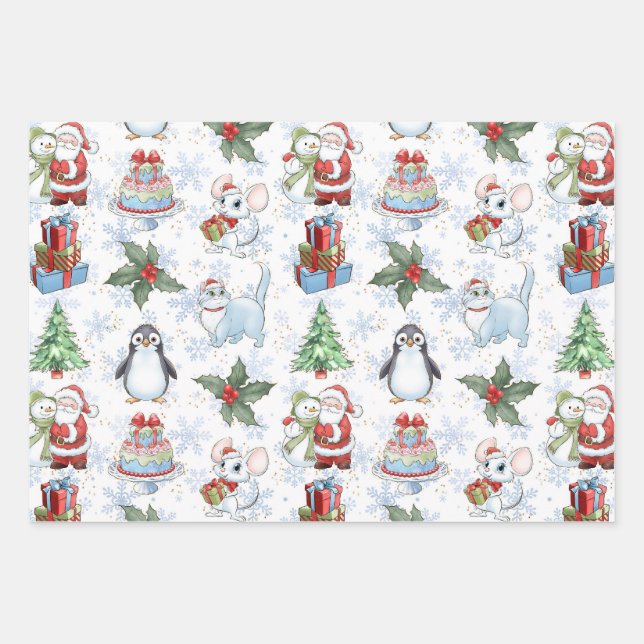 Santa Snowman Cat Penguin Wrapping Paper Geschenkpapier Set (Vorderseite)