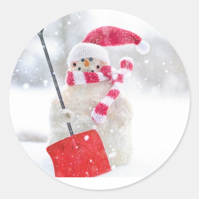 Santa Snowman mit Red Shovel Runder Aufkleber (Vorderseite)