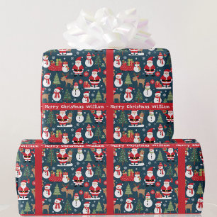 Santa Snowman Name und Text hinzufügen Niedliche W Geschenkpapier