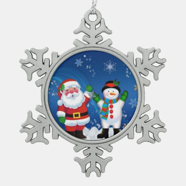 Santa & Snowman Pewter Snowflake Ornament (Vorderseite)