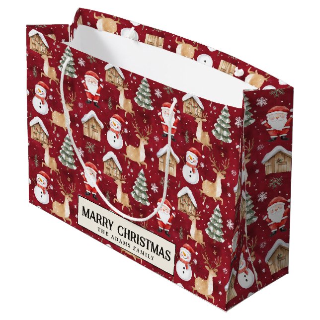 Santa Snowman Pine Tree red Custom Frohe Weihnacht Große Geschenktüte (Rückseite Schrägansicht)