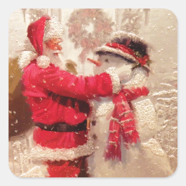 Santa & Snowman Quadratischer Aufkleber (Vorderseite)