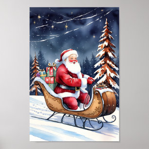 Santa & Snowy Sleigh Klassische Kunst Poster