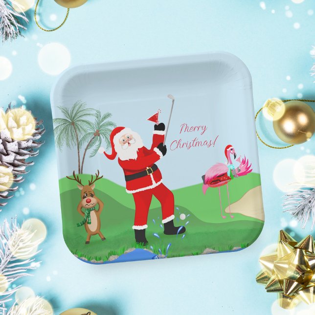 Santa Spielen mit Martini-Party Pappteller (Enjoy your Christmas party food on this Golf themed Christmas plate!)