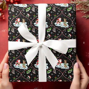 Santa spielt Eishockey Weihnachtsmuster Schwarz Geschenkpapier