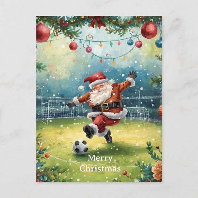 Santa spielt Fußball Weihnachtsfeiertag Feiertagspostkarte (Vorderseite)