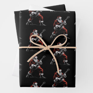 Santa spielt Gitarre Retro 90er Weihnachten Rock Geschenkpapier Set