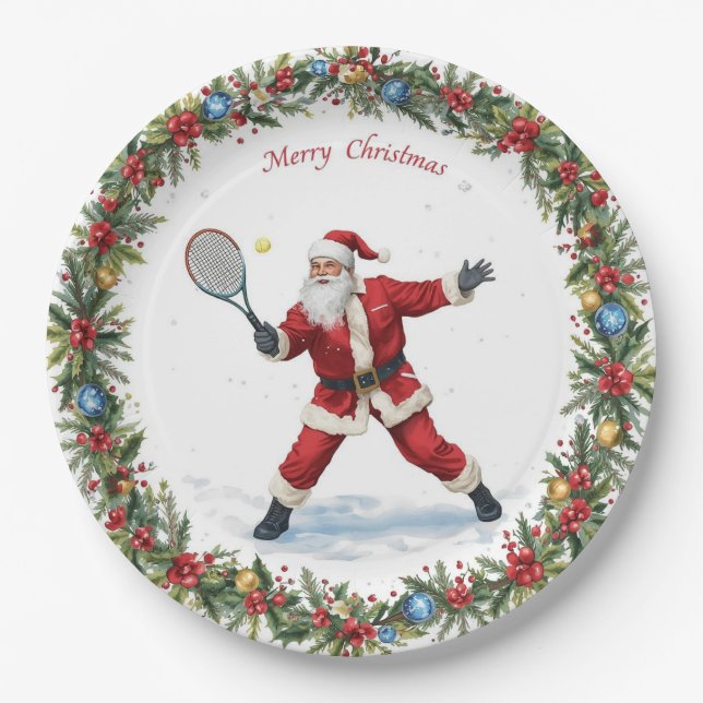 Santa spielt Tennis Frohe Weihnachten Thema Pappteller (Vorderseite)