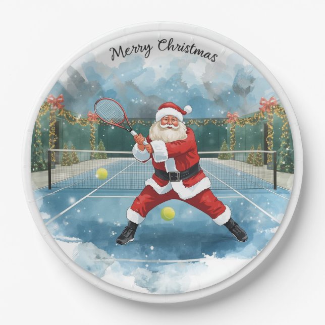 Santa spielt Tennis Frohe Weihnachten Thema Pappteller (Vorderseite)