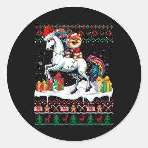 Santa Spitz Riding Unicorn Weihnachtskraut Runder Aufkleber
