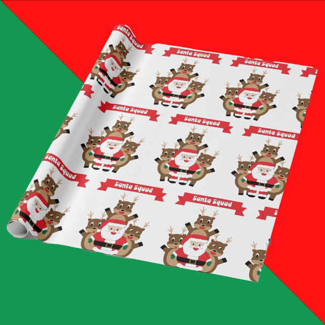 Santa Squad Christmas Reindeer Funny Geschenkpapier (Wrapping paper with a funny pattern of Santa & reindeer with a banner that says Santa Squad.)