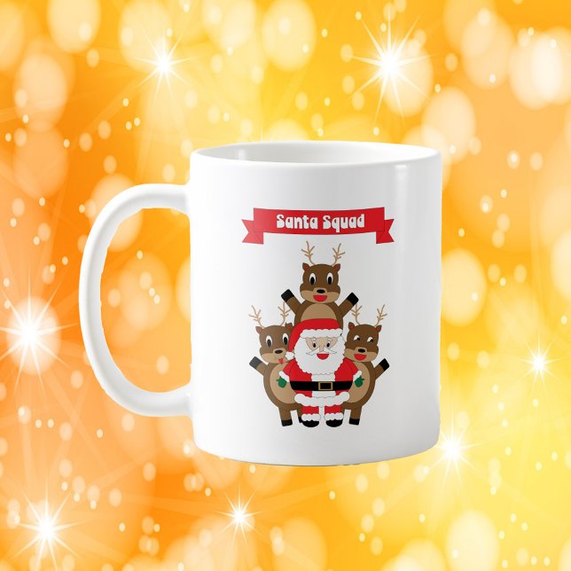 Santa Squad Reindeer Funny Kaffeetasse (A mug with a funny graphic of Santa and his reindeer.  The red banner says Santa Squad.)