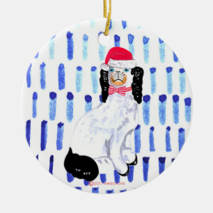 Santa Staffordshire Hund auf blauer Keramik Orname Keramik Ornament