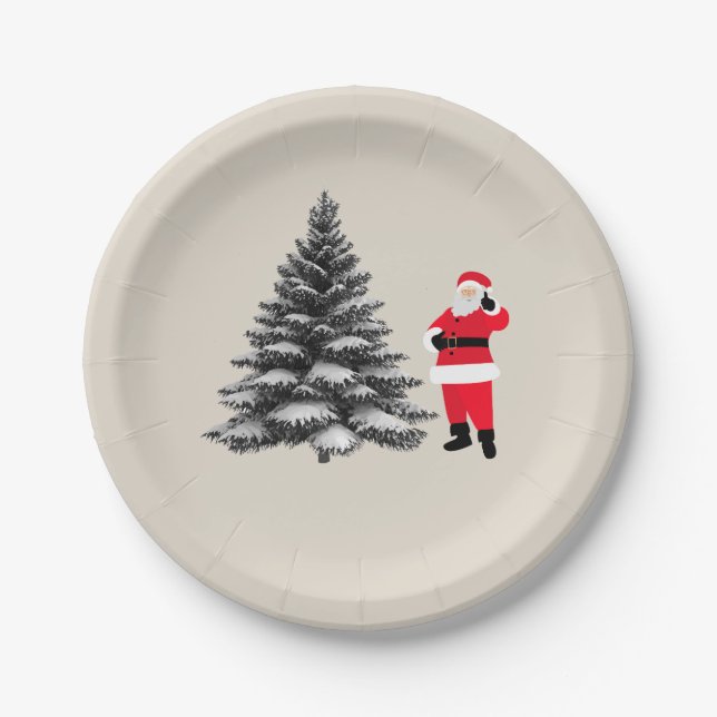 Santa standing near pine tree pappteller (Vorderseite)