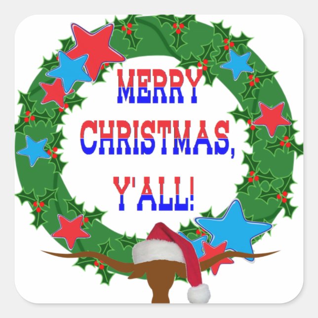 Santa Steer - Frohe Weihnachten - alles Quadratischer Aufkleber (Vorderseite)