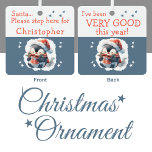 Santa Stopp hier Name niedlich Pinguin grau Ornament Aus Metall<br><div class="desc">Machen Sie Ihren Urlaubswunsch mit diesem bezaubernden personalisierten Weihnachtsschmuck ganz klar! Die Vorderseite lautet: "Santa, bitte hier anhalten für [Name]" in spielerischer Schrift, perfekt für kleine, die auf Weihnachten hoffen. Dreh es um und du wirst sehen, "Ich war dieses Jahr sehr gut" — eine süße Erinnerung guten Verhaltens. Ein niedlicher...</div>