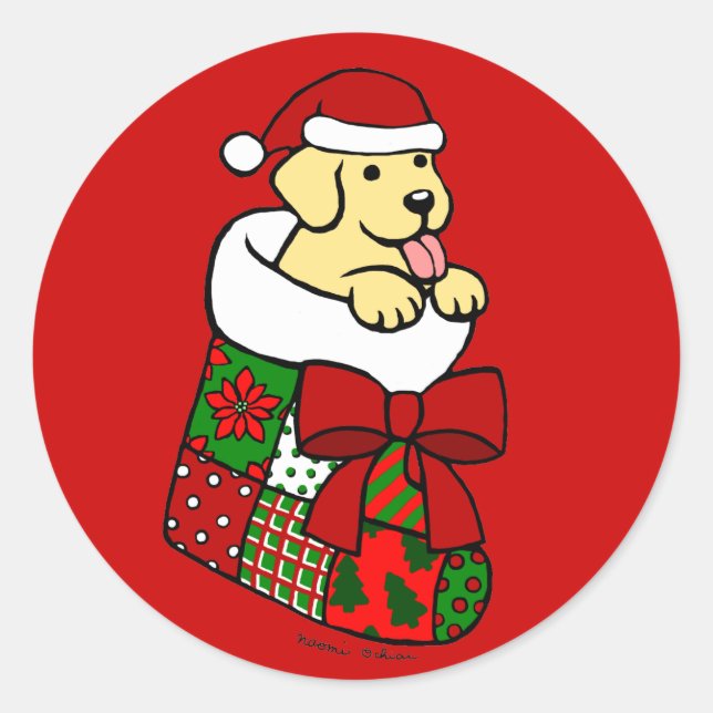 Santa Strumpf Yellow Labrador Puppy Cartoon Runder Aufkleber (Vorderseite)