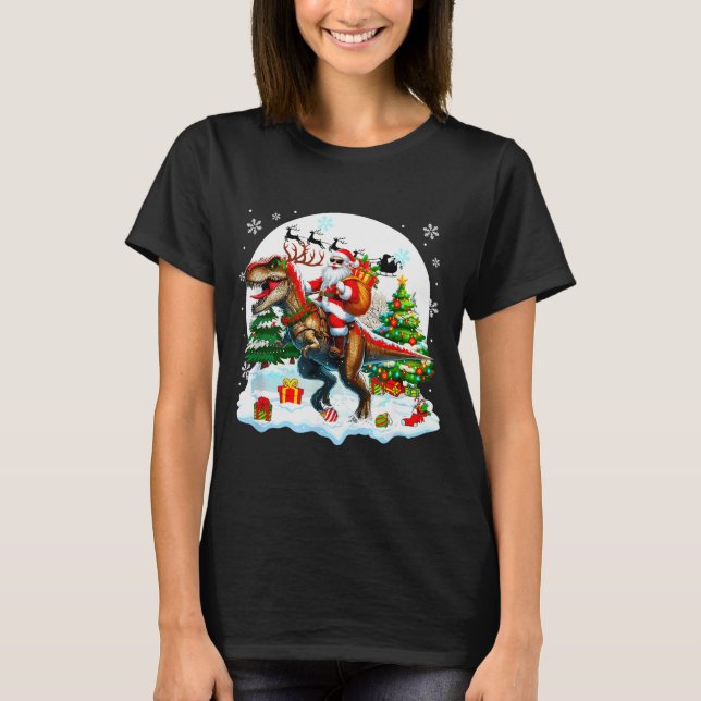 Santa Sungles Riding T-rex Reindeer Christmas Snow T-Shirt (Vorderseite)