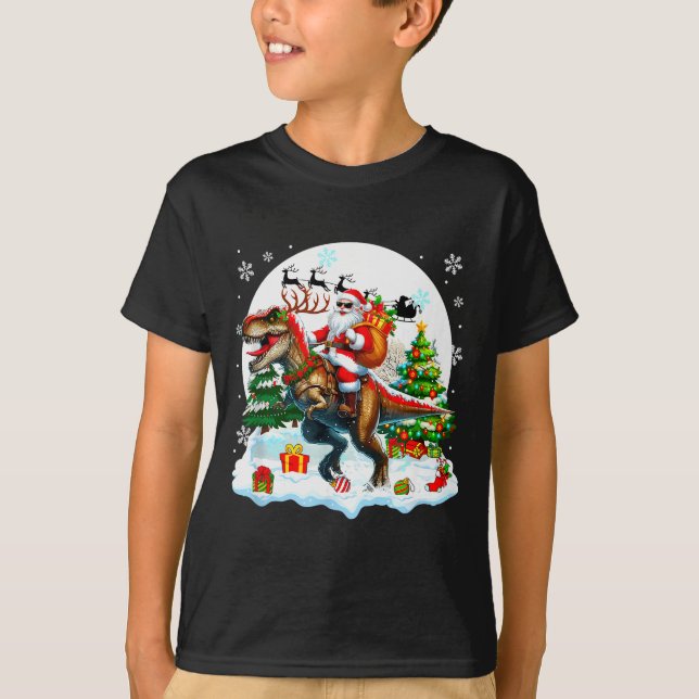 Santa Sungles Riding T-rex Reindeer Christmas Snow T-Shirt (Vorderseite)