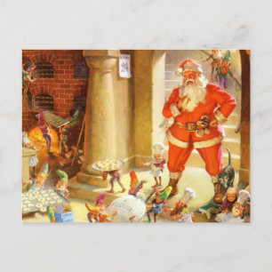 Santa Supervises Elves backen Weihnachtskekse Feiertagspostkarte