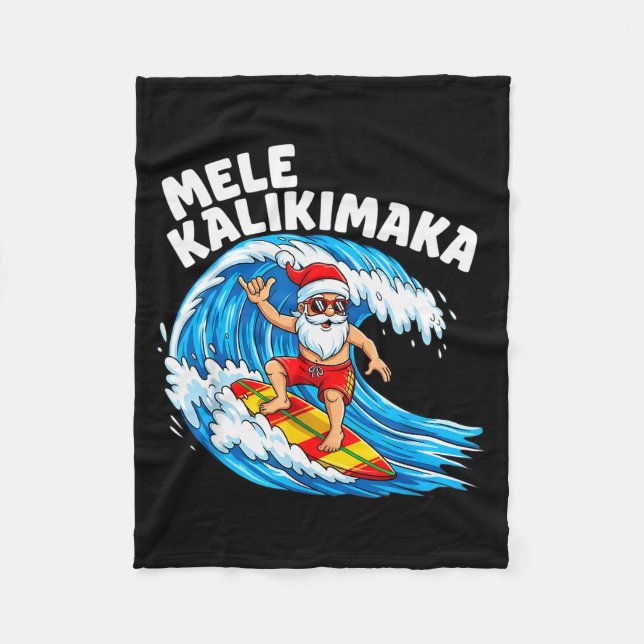 Santa Surfing Mele Kalikimaka Hawaiian Christmas  Fleecedecke (Vorderseite)