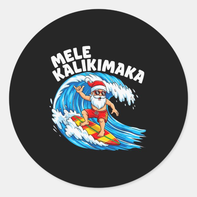 Santa Surfing Mele Kalikimaka Hawaiian Christmas  Runder Aufkleber (Vorderseite)