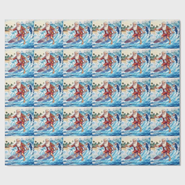 Santa surft auf einer großen Welle Geschenkpapier (Flach)