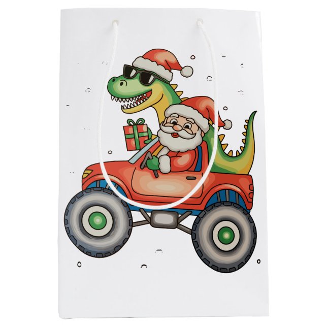 Santa T Rex Dinosaurier Monster Truck Weihnachten  Mittlere Geschenktüte (Vorderseite)